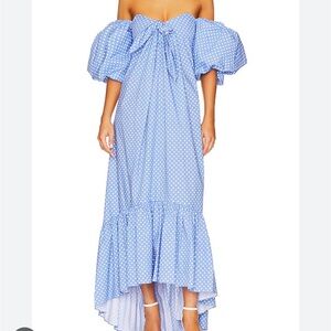 Gabrielle Dress in Blue & White Mini Polka Dot
CAROLINE CONSTAS. Size medium.